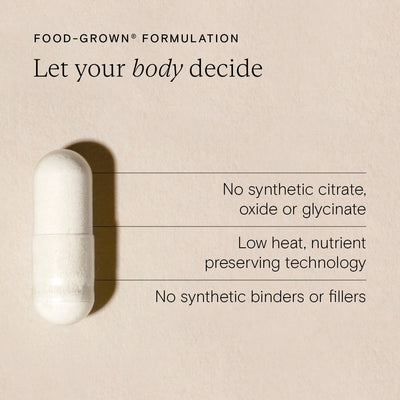 Food-grown supplement capsule showcasing key benefits: no synthetic additives, nutrient-preserving technology, and natural formulation.