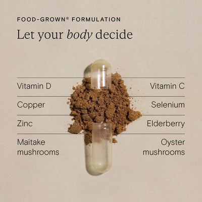 Immune Support Duo image featuring Food-Grown® vitamins and ingredients like Vitamin D, C, Selenium, mushrooms, and Elderberry.
