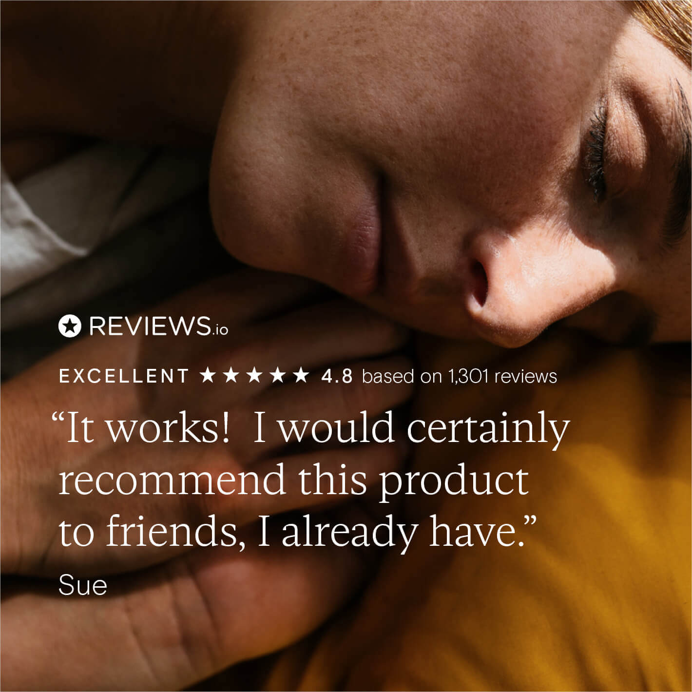 Sleeping woman with customer review overlayed  