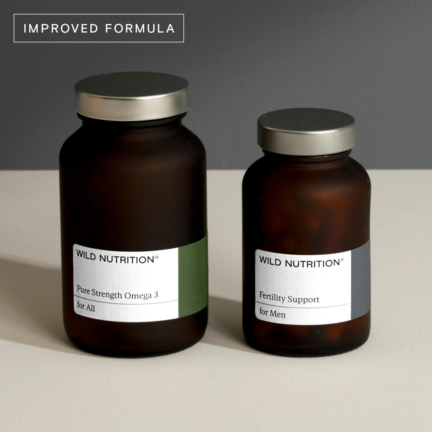 Men's Fertility Duo by Wild Nutrition, featuring Pure Strength Omega 3 and Fertility Support supplements.