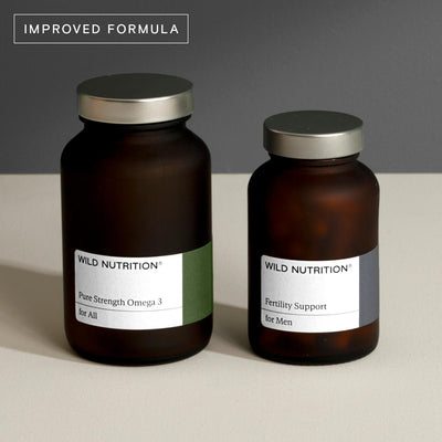 Men's Fertility Duo by Wild Nutrition, featuring Pure Strength Omega 3 and Fertility Support supplements.