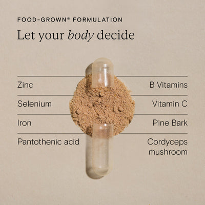 Nutritional ingredients including zinc, selenium, iron, and vitamins displayed with a capsule for men's fertility support.