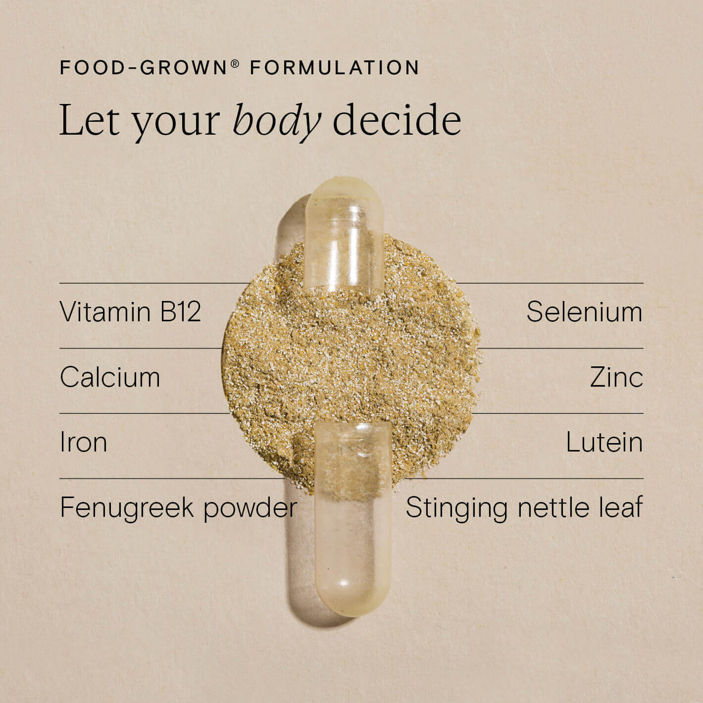 Food-grown formulation showcasing key nutrients for breastfeeding support: Vitamin B12, Calcium, Iron, and more.