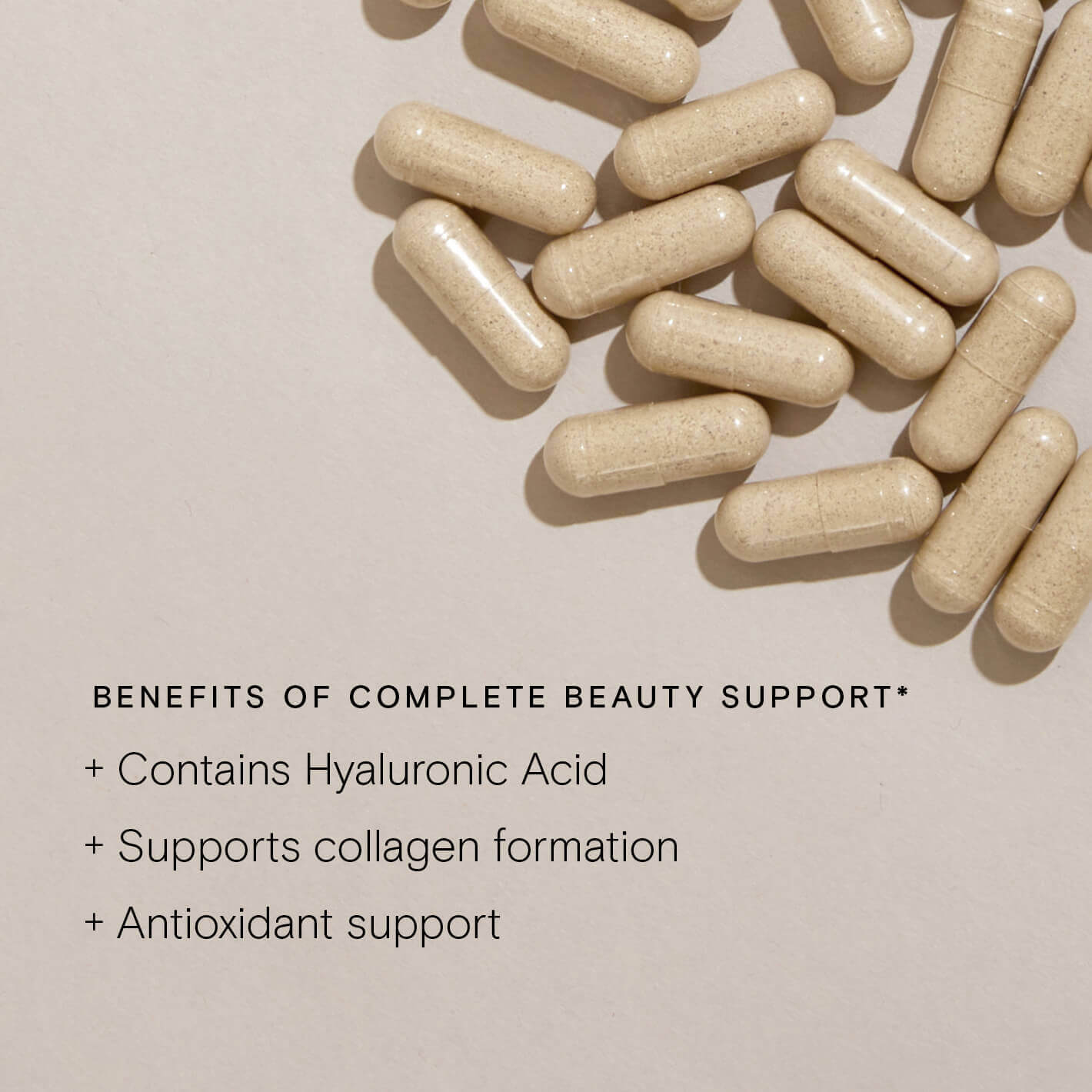 Food-Grown® Complete Beauty Support capsules highlighting benefits like Hyaluronic Acid and collagen formation.