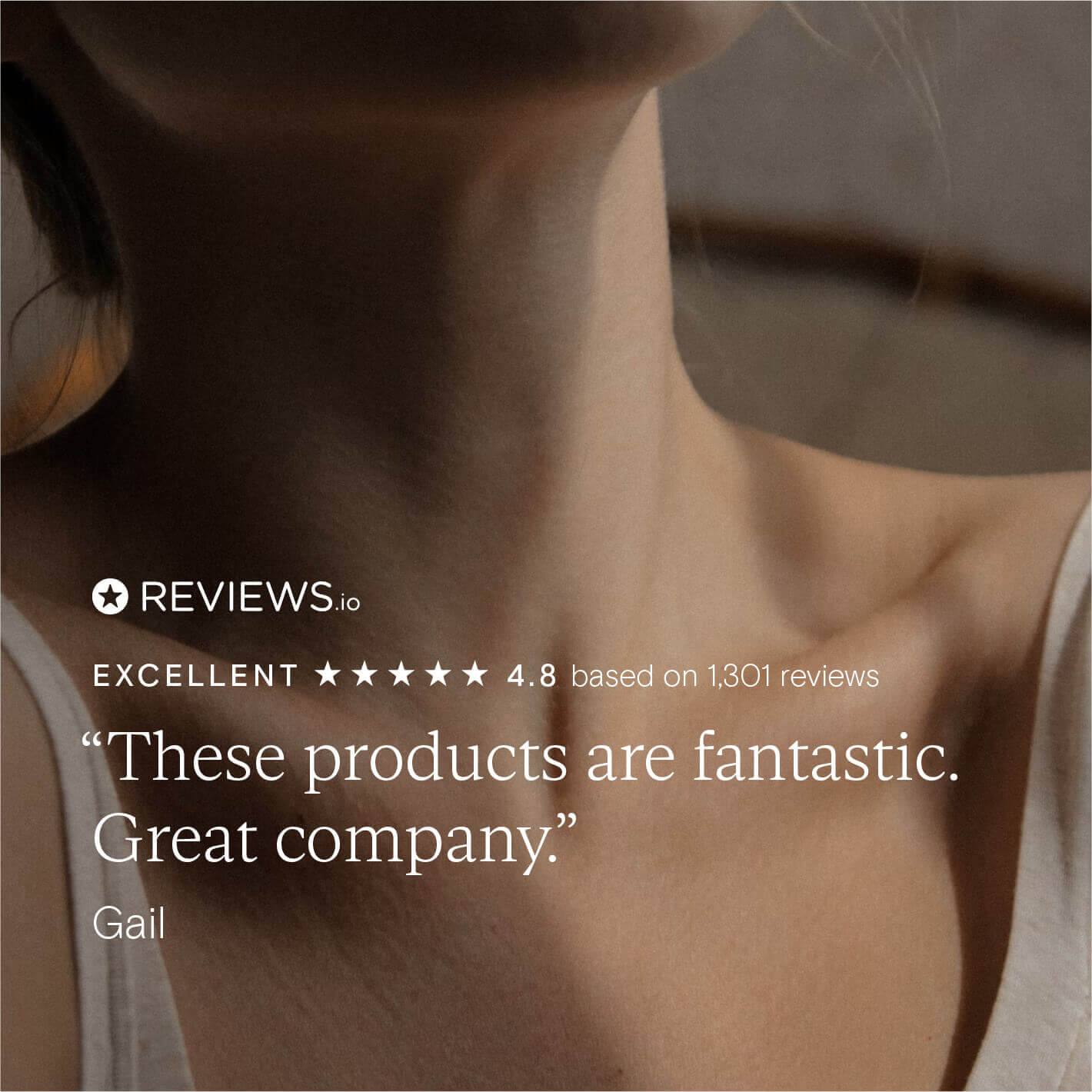 Customer review showcasing satisfaction with products and company, rated 4.8 stars based on 1,301 reviews.