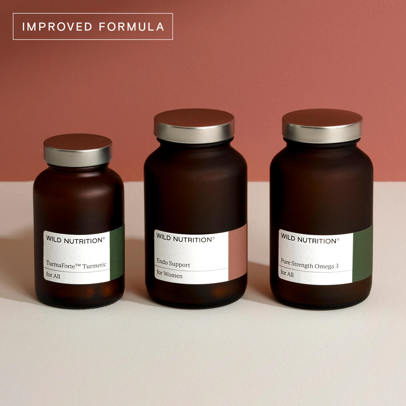 Wild Nutrition Endo Support Trio featuring Turmeric, Endo Support, and Omega 3 for hormonal and immune support.