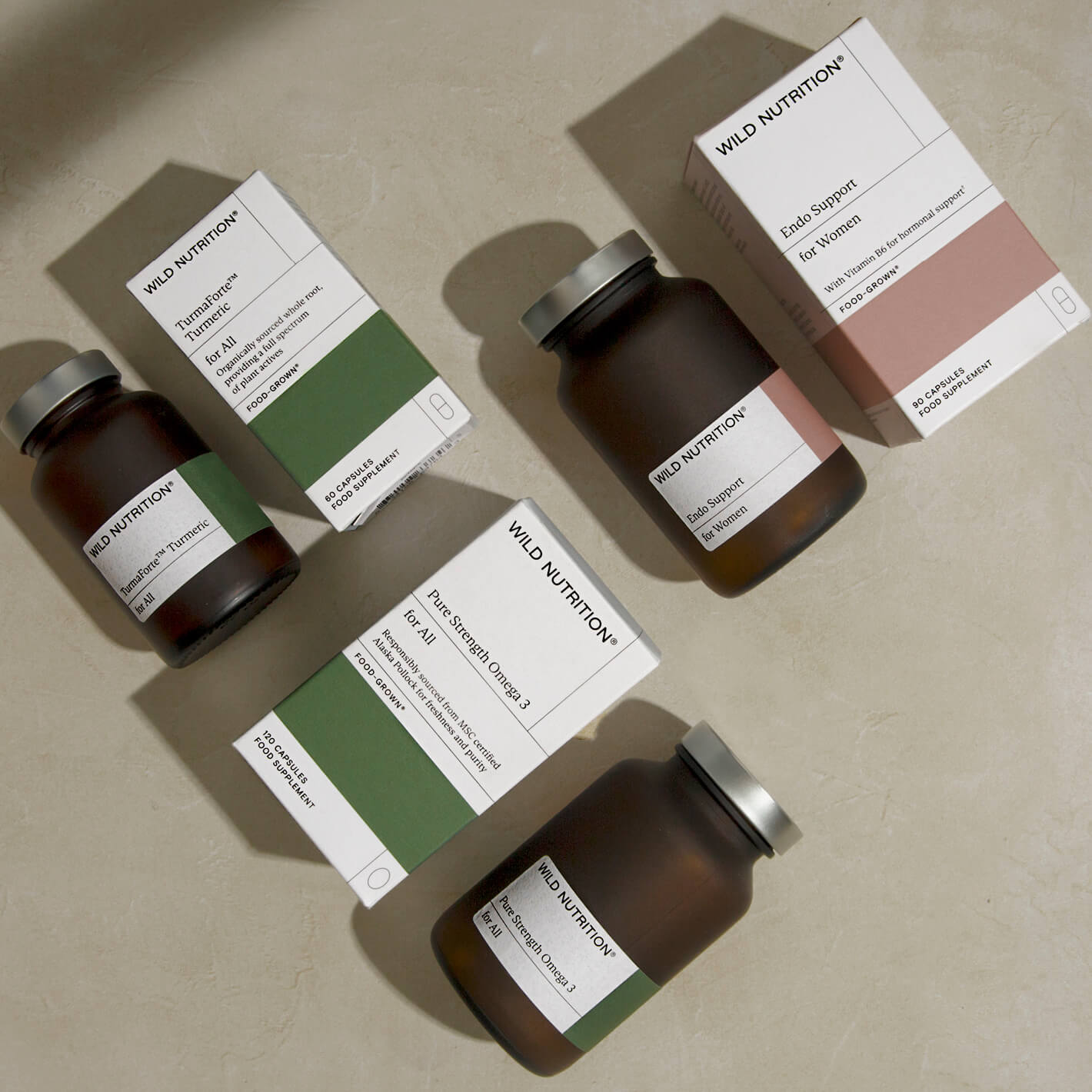 Endo Support Trio from Wild Nutrition, featuring supplements for hormonal balance, immune support, and energy levels.