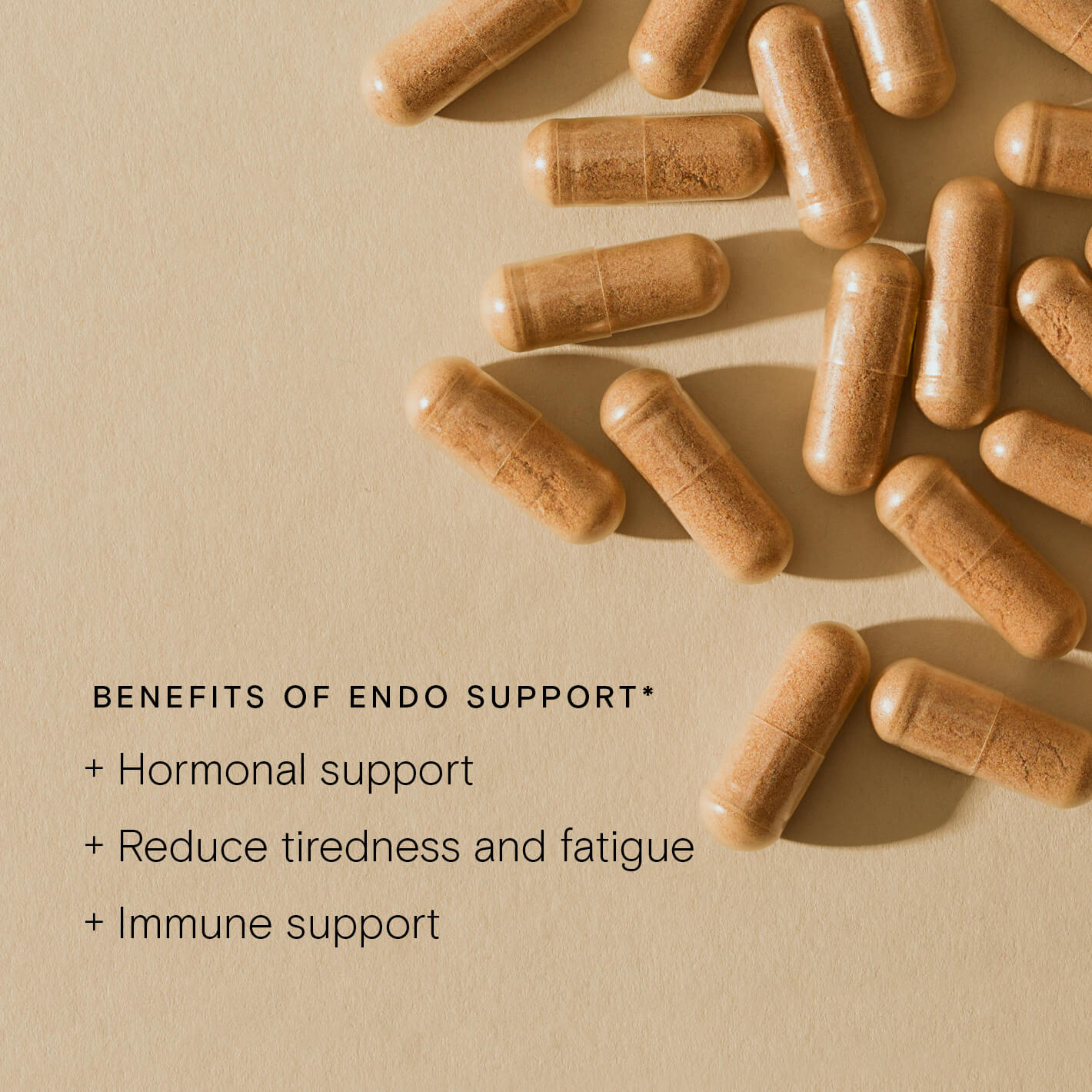 Endo Support Trio capsules highlighting benefits: hormonal support, fatigue reduction, and immune function.
