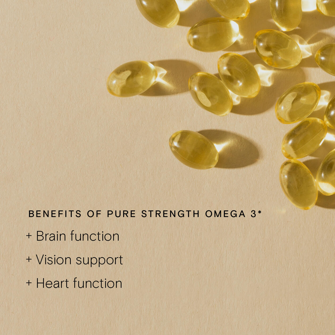 Pure Strength Omega 3 capsules showcasing benefits for brain, vision, and heart function.