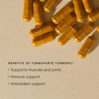 Turmeric capsules for joint and muscle support, featuring benefits like immune and antioxidant support.