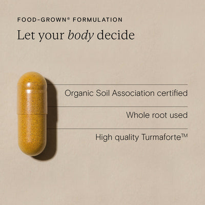 Food-Grown® vitamin capsule highlighting organic certification and whole root use for natural health support.