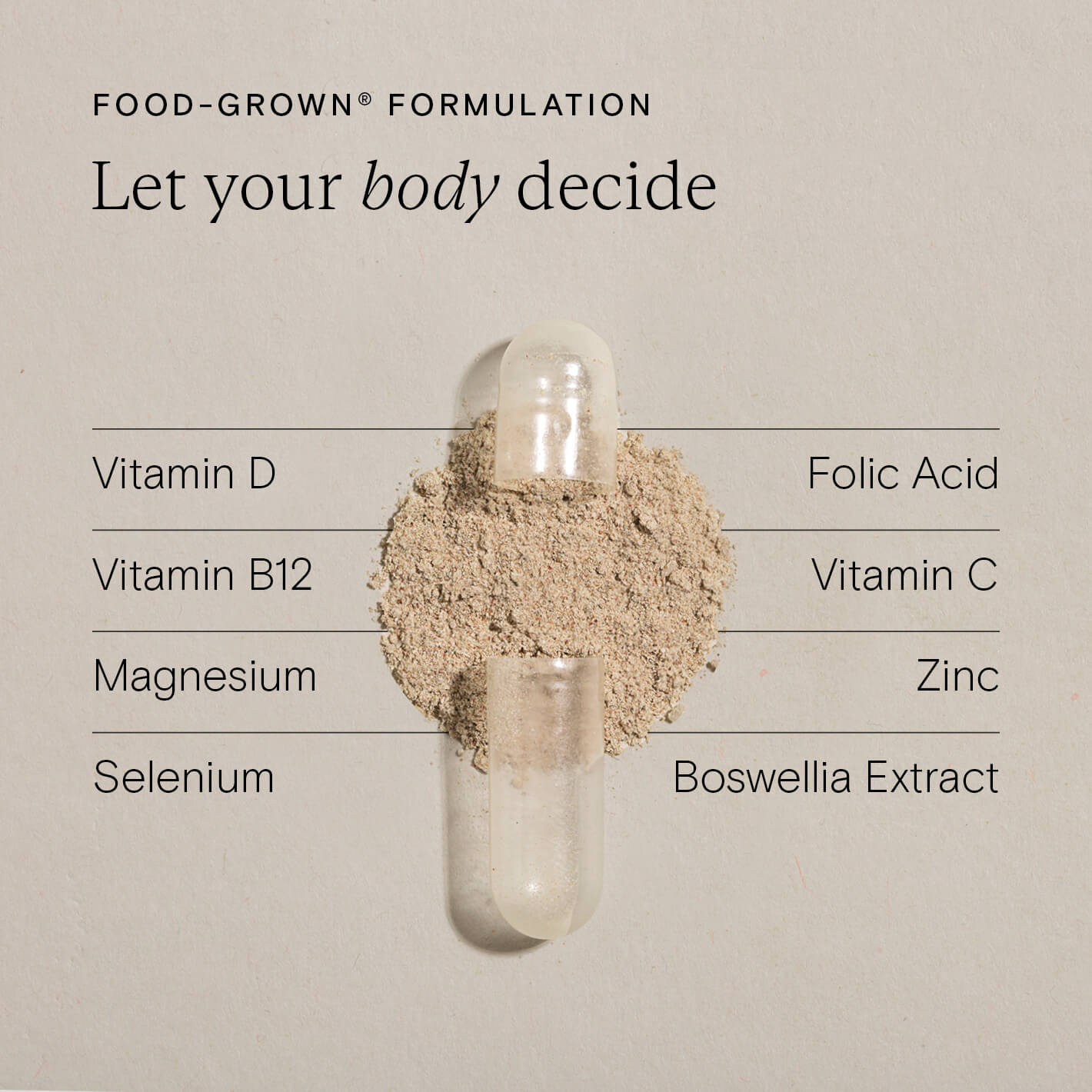Food-Grown® formulation showcasing vitamins and minerals for joint and bone support, including Vitamin D, B12, Magnesium, and more.