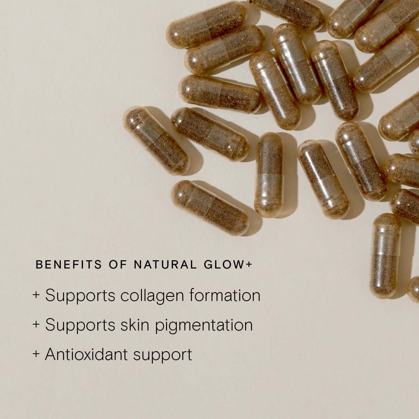 Food-Grown Natural Glow capsules supporting collagen, skin pigmentation, and providing antioxidant benefits.