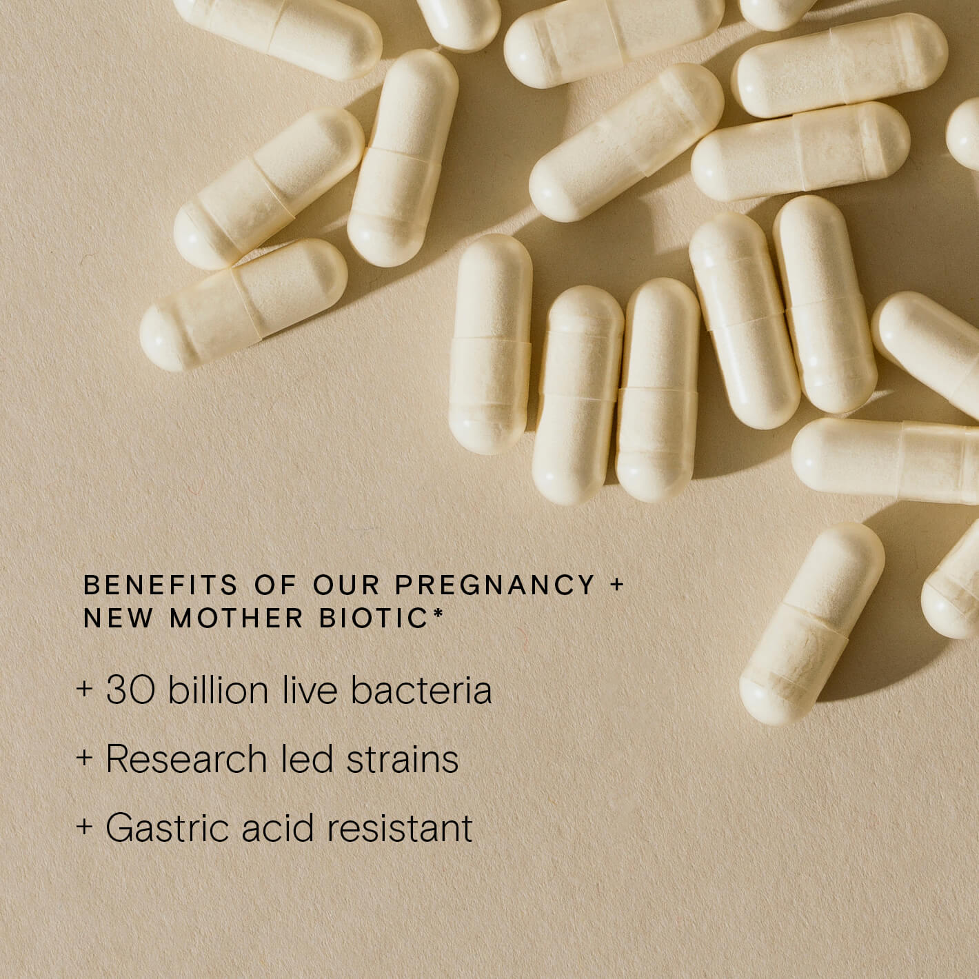 Pregnancy + New Mother Biotic capsules showcasing 30 billion live bacteria and research-led probiotic strains.