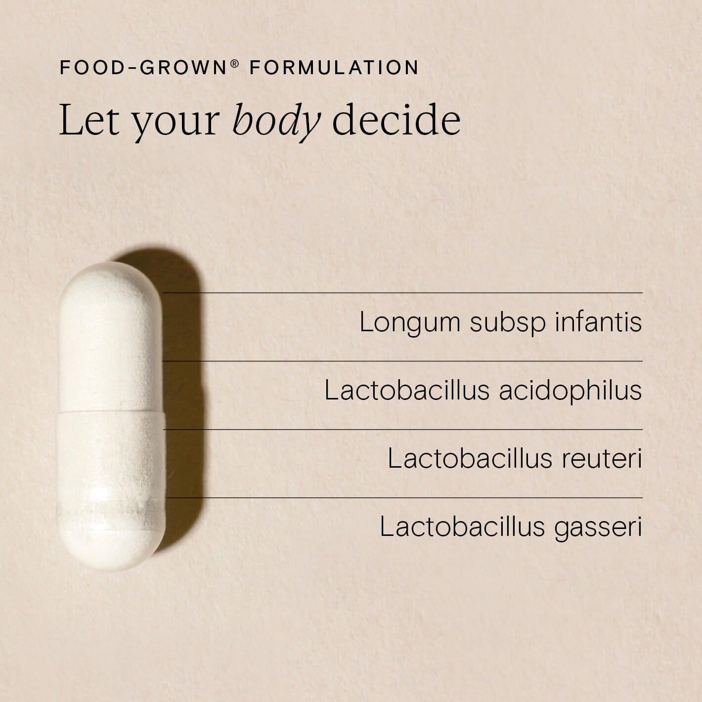 Close-up of a food-grown probiotic capsule with strains listed: Longum, Acidophilus, Reuteri, Gasseri.