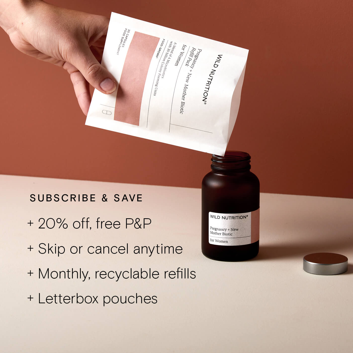 Wild Nutrition Pregnancy + New Mother Biotic supplement with subscription benefits and recyclable packaging.