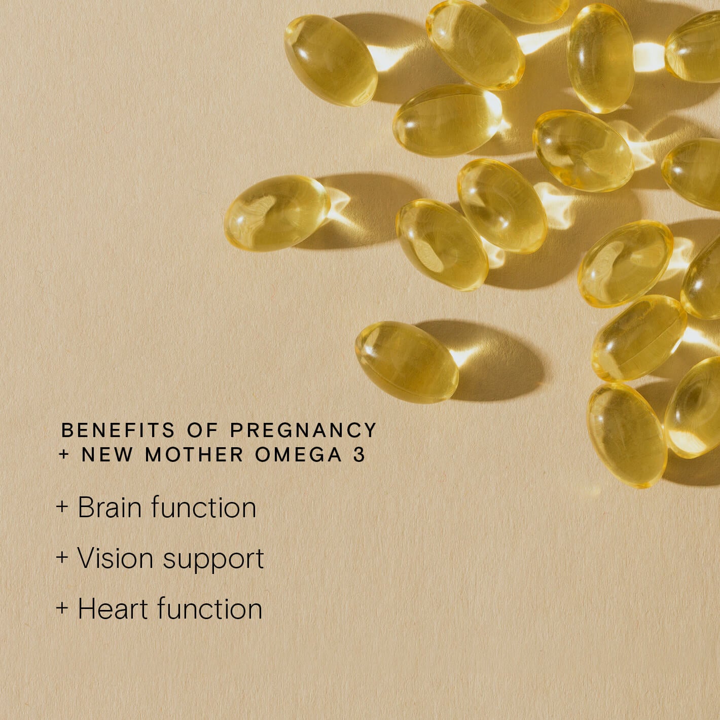 Food-Grown® Pregnancy + New Mother Omega 3 softgels highlighting brain, vision, and heart function benefits.