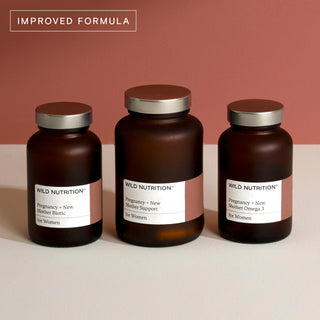 Wild Nutrition Pregnancy + New Mother Support Trio bottles with improved formula for women's health.