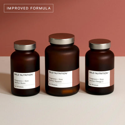 Wild Nutrition Pregnancy + New Mother Support Trio bottles with improved formula for women's health.
