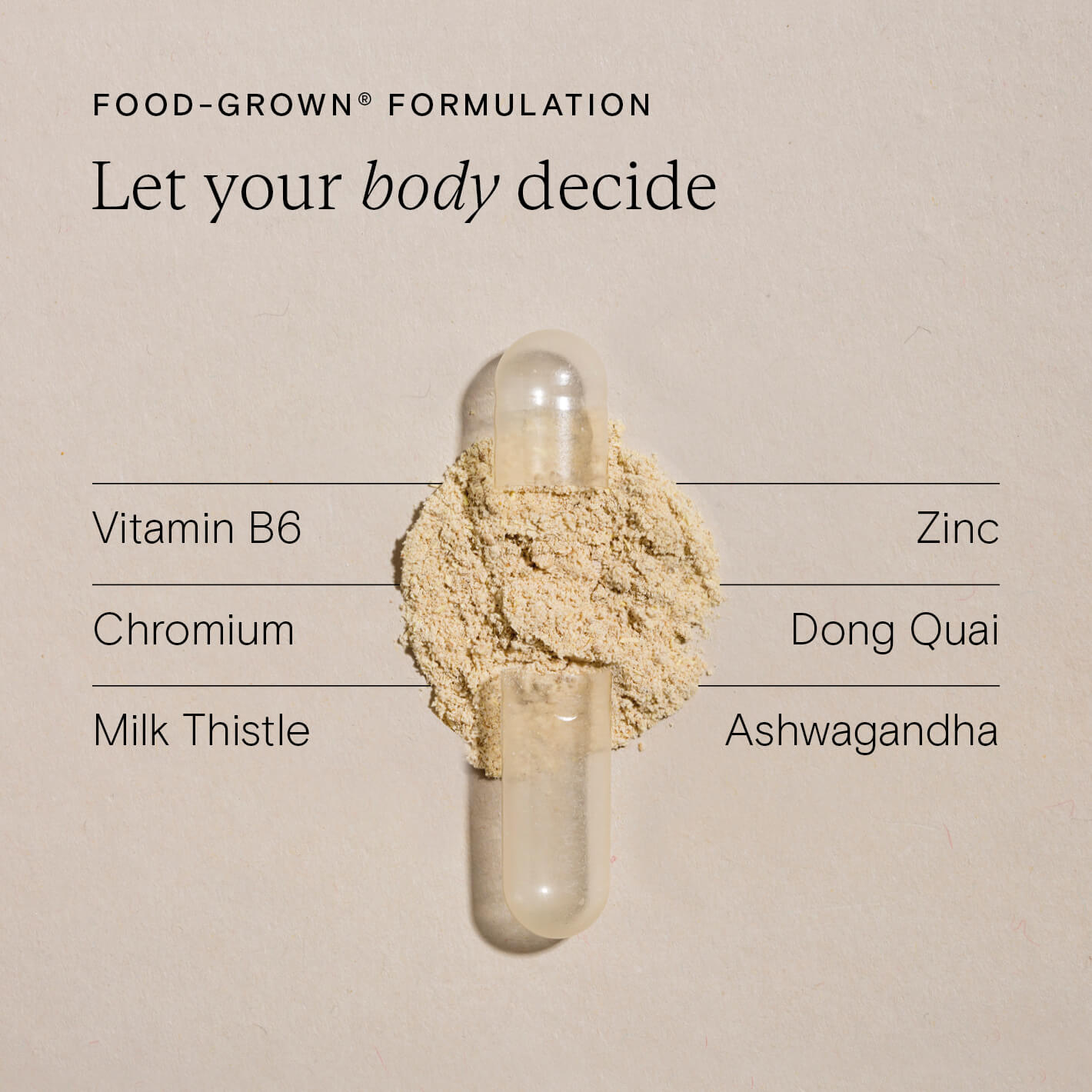 Food-grown formulation featuring capsules and herbal ingredients for premenstrual and cycle support.