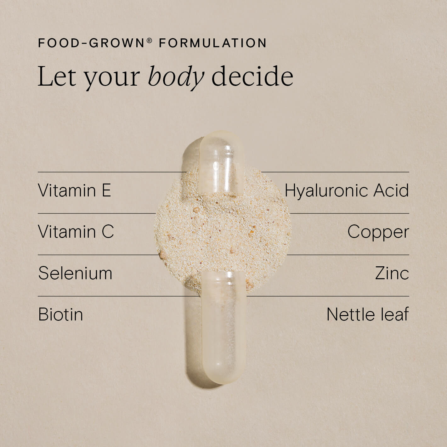 Nutrient-rich food-grown formulation displaying capsules with vitamins and minerals for skin health and nourishment.