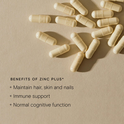 Zinc Plus capsules showcasing benefits for hair, skin and nails, immune support, and cognitive function, on a neutral background.