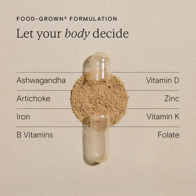 Food-grown formulation image showcasing vitamins and nutrients like Ashwagandha, Zinc, and B Vitamins.