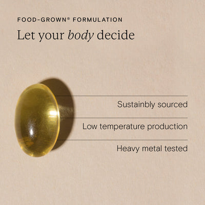 Close-up of a food-grown supplement capsule highlighting sustainability and safety features.